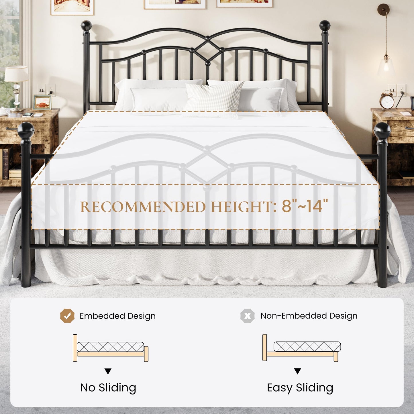 SHA CERLIN Vintage King Metal Bed Frame with Headboard and Footboard, Heavy Duty Platform Bed Frame, 12.4" Under-Bed Storage, Noise-Free, No Box Spring Needed, Easy Assembly, Black