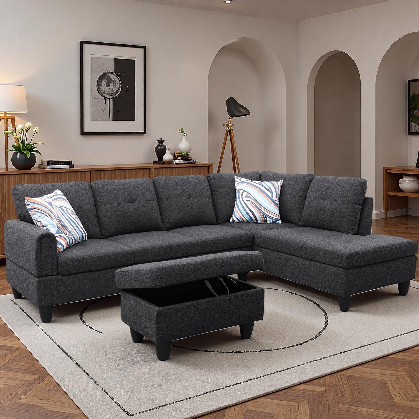 Topcomfy 97.5" L Shaped Couch Set, Modular Sectional Couches for Living Room with Storage Ottoman, 4 Seat Home Sofa Living Room Furniture Sets with Chaise for Apartment Office (Linen, Black Grey)