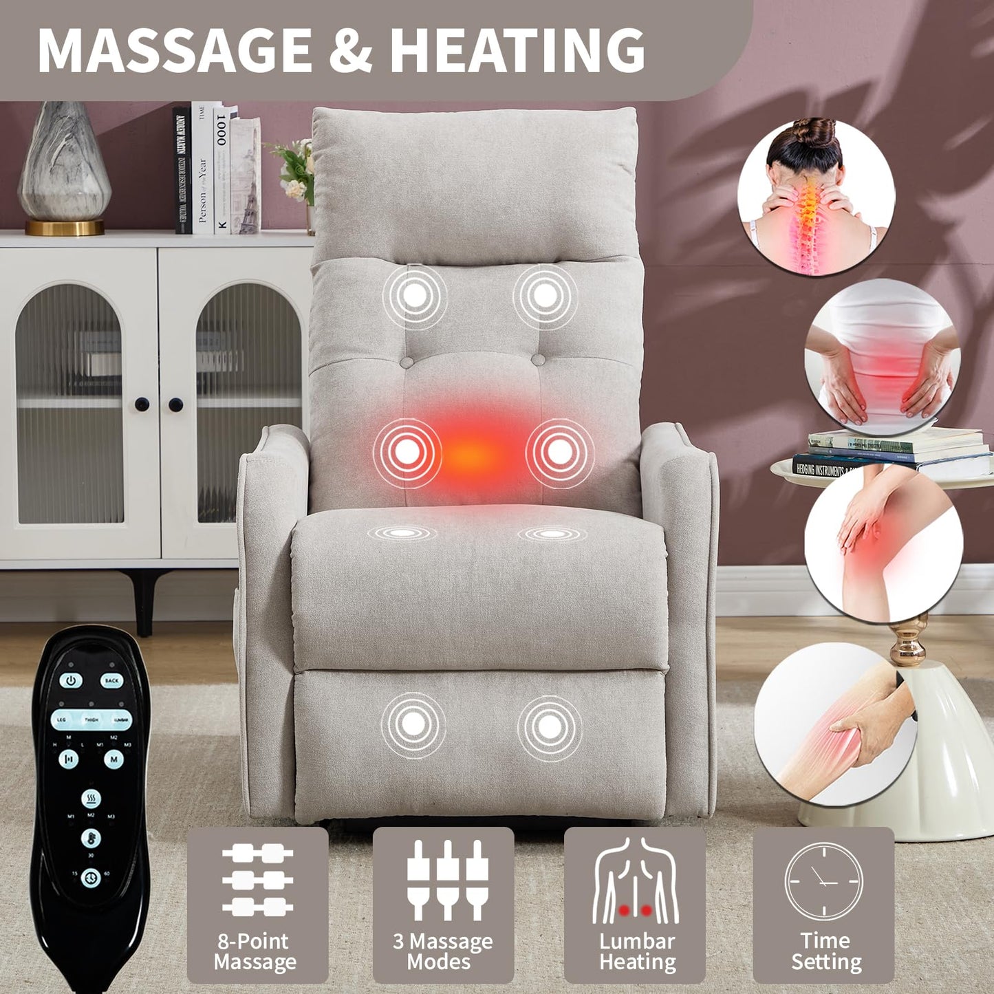 KEIKI Single Motor Power Lift Recliner Chair with Massage and Heat for Home Theater, Soft Fabric Finish with USB Charging Port and Motion Mechanism for Elderly
