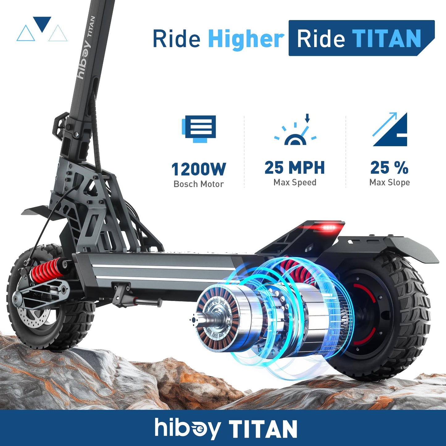 Hiboy Titan Electric Scooter, 1200W Peak Motor, 25 MPH, Up to 46 Miles, 10" All-Terrain Tires, Dual Suspension & Dual Hydraulic Brakes, Electric Scooter Adults with Phone Holder