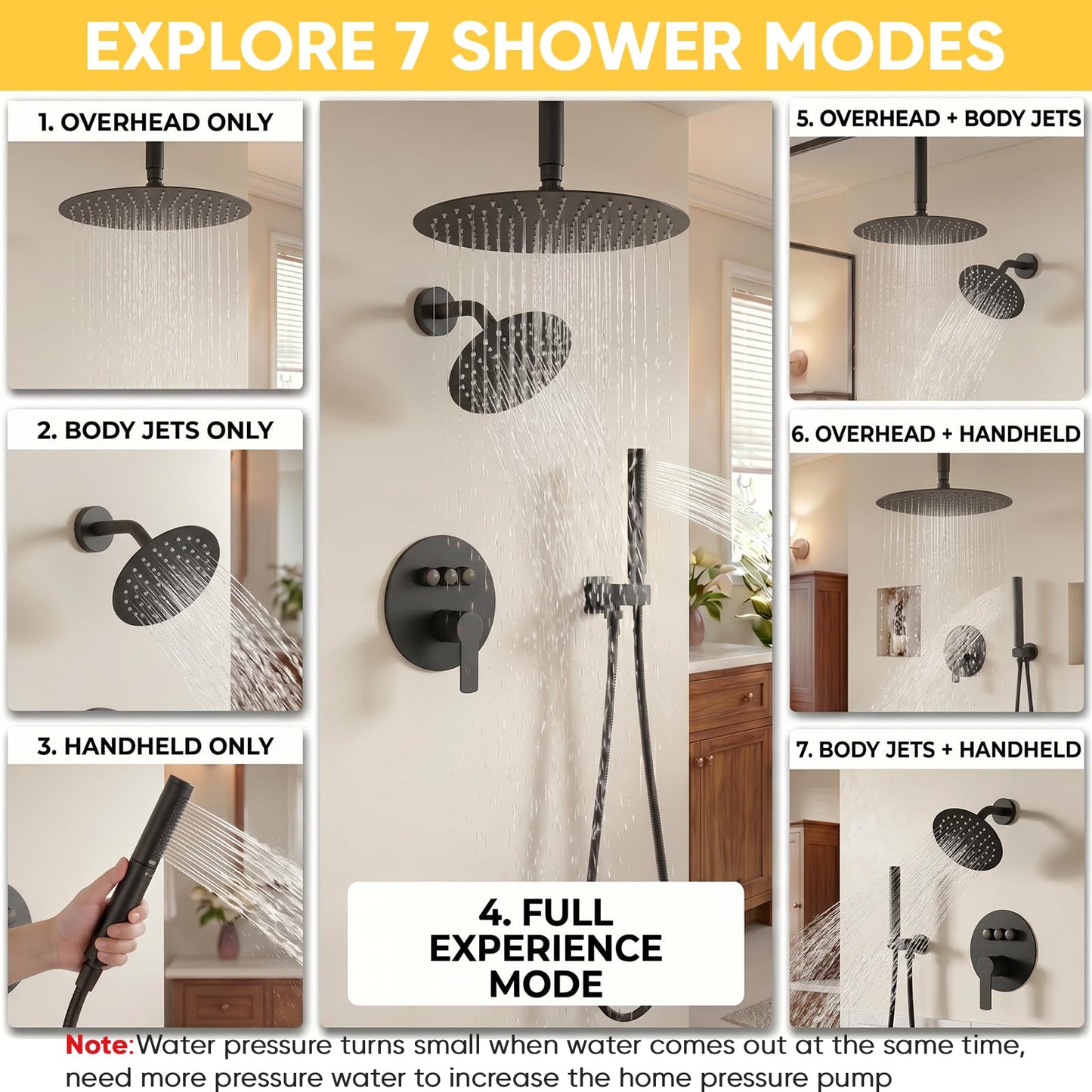 BESy Shower Faucet Set 10 Inch Round Ceiling Mount Rainfall Shower System with 6 Inch Wall Mount Dual Rain Shower Head Push Button Diverter with 2 in 1 Handheld Showerhead for Bathroom Matte Black