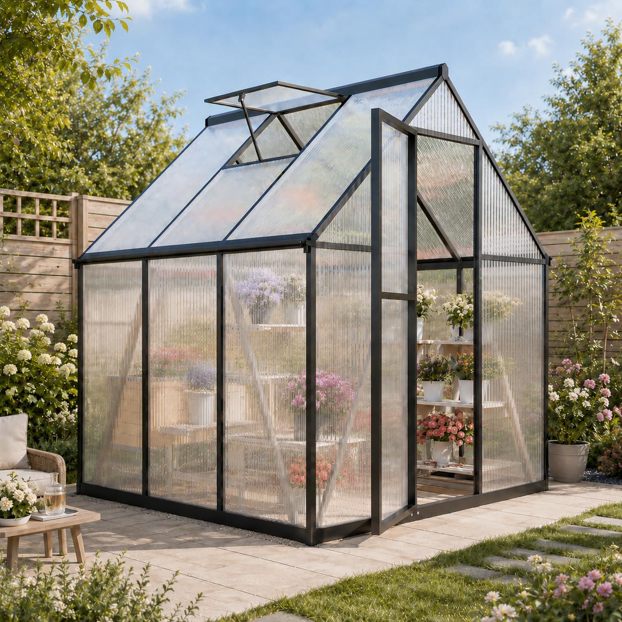 6x6FT Greenhouse for Outdoors, Polycarbonate Greenhouse with Quick Setup Structure and Roof Vent, Aluminum Large Walk-in Green House for Outside Garden Backyard, Charcoal Black