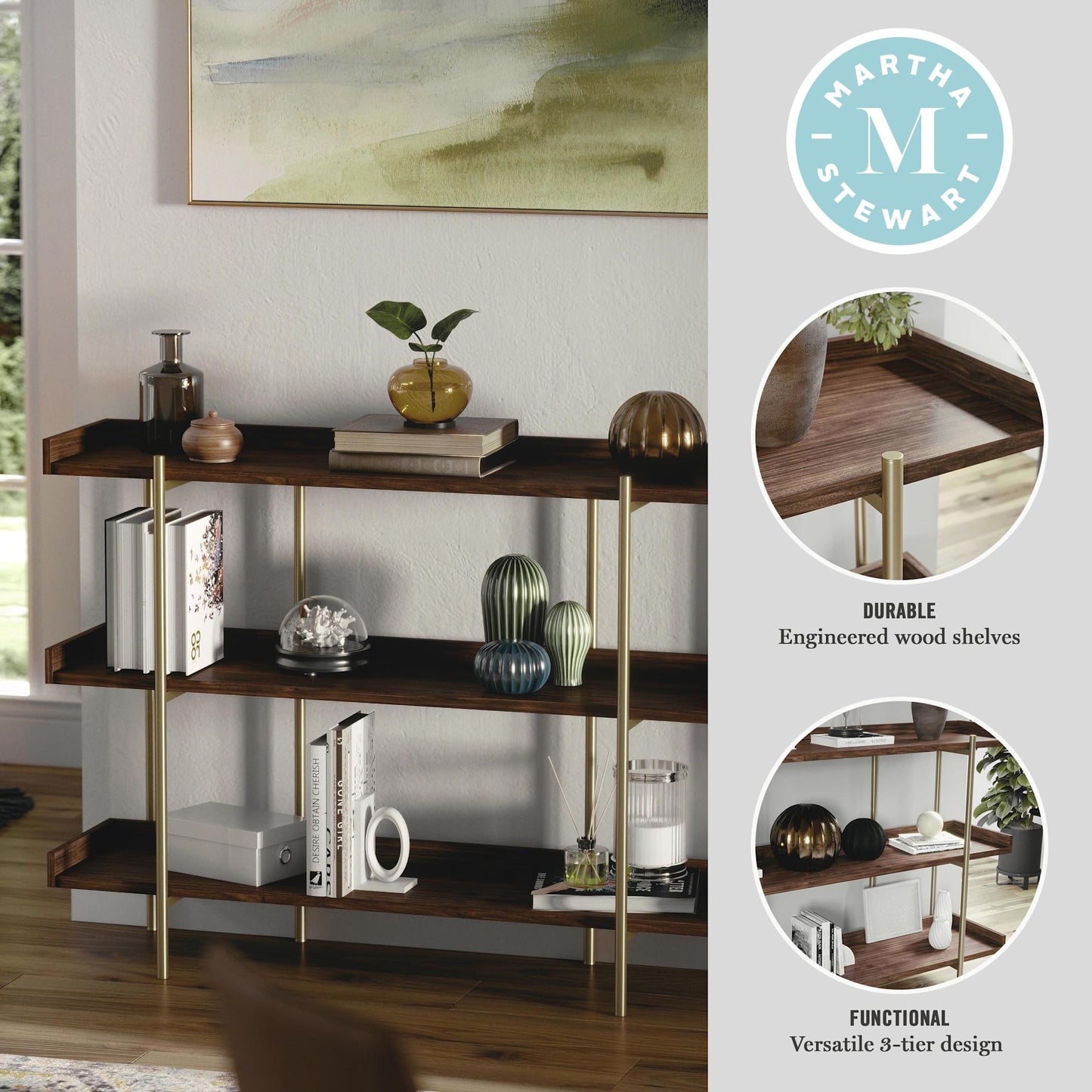 Martha Stewart Emmett 3 Shelf Bookcase with Vertical Metal Frame, Home Office Storage Display Unit, 35" H, Walnut Wood Grain/Polished Brass