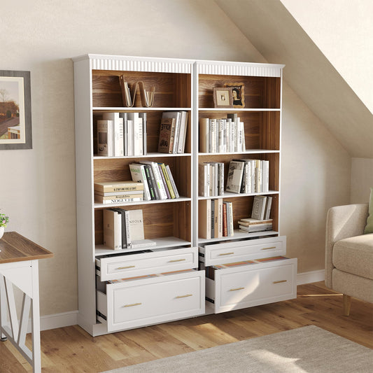 LITTLE TREE 72" Tall White Bookcase, 5-Tier Office Bookself with File Cabinet Drawers,Modern Floor Standing Storage Filing Cabinet Book Shelf for Living Room,Bedroom(2 Piece,White)