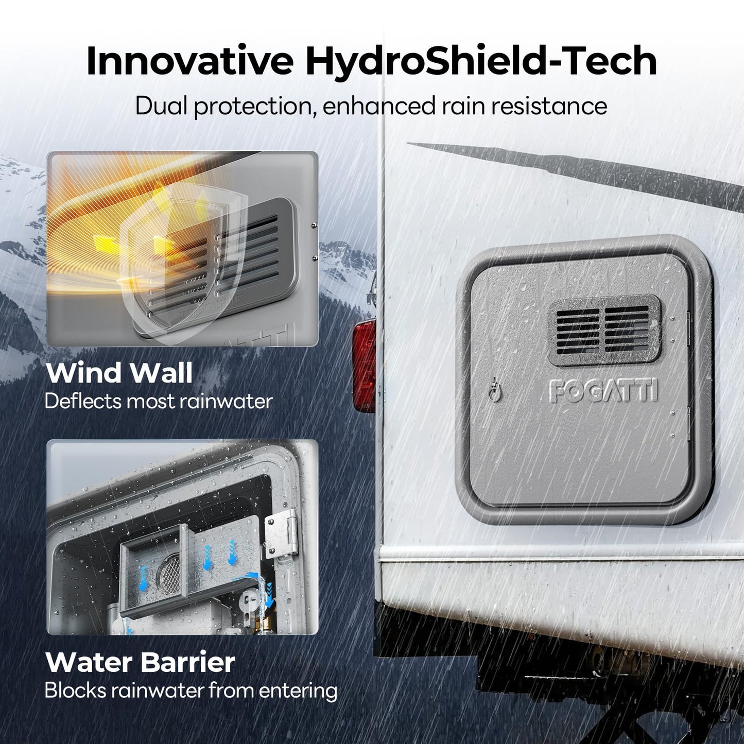 FOGATTI InstaShower Ultra RV Tankless Water Heater, 66,000 BTU (Highest Output), 0.5-3.9 GPM Energy Efficiency, Built-in Mixing Tank, 15x15 Inches Gray Door, Ideal for RVers' Everyday Use, Gen 3