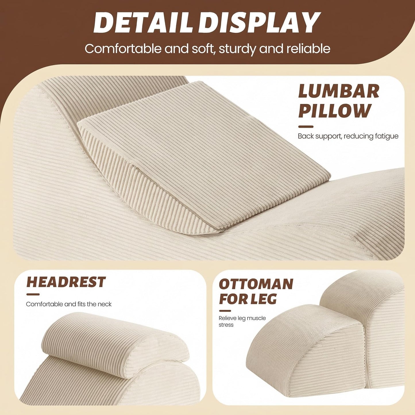 Yoga Chair Lounge for Adult, Ergonomic Foam Chaise Lounge Chair Indoor with Side Pocket, Headrest, Waist Pad, Ottoman, Perfect for Stretching, Massage, and Relaxation, No Assembly Required(Beige)