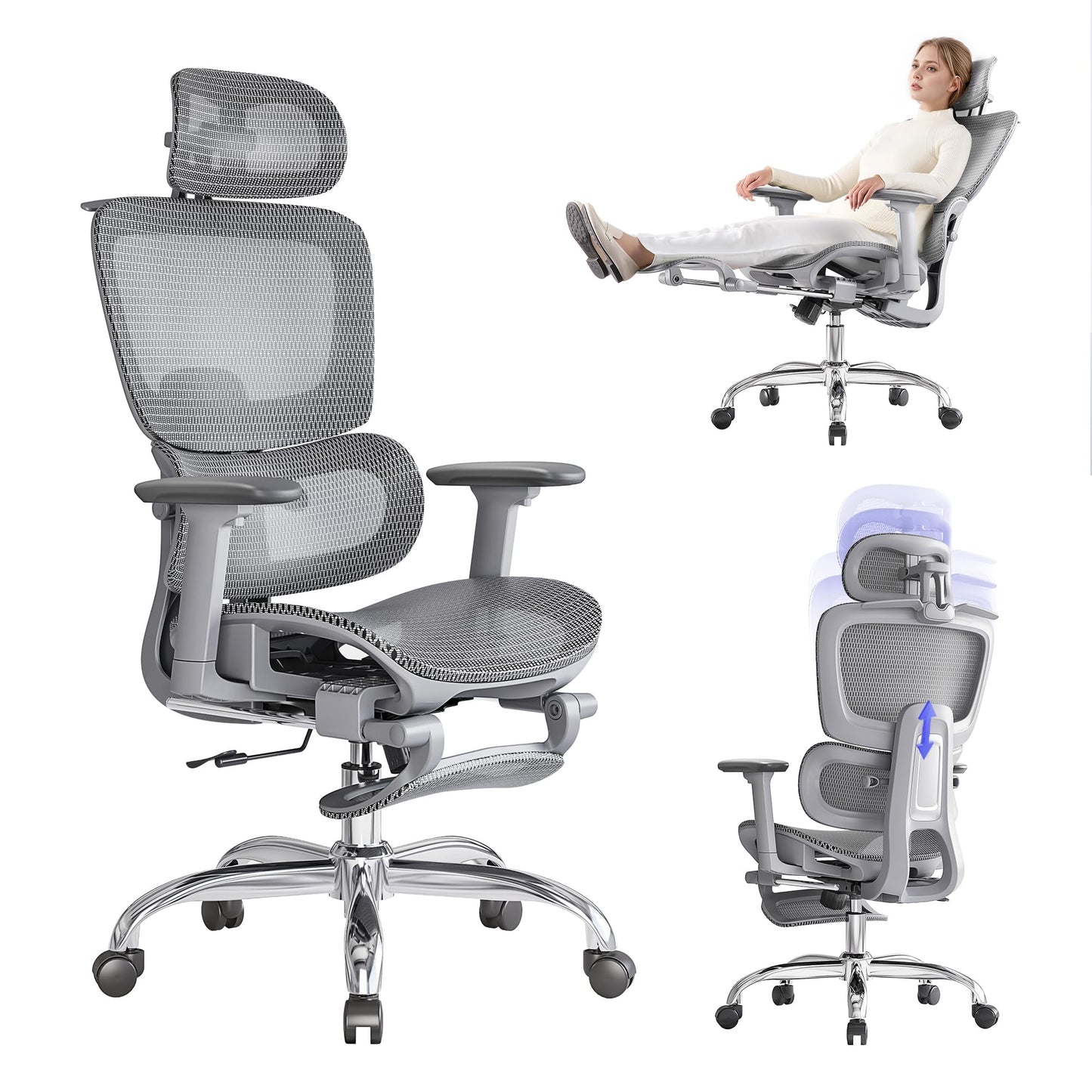 LarkLeaves Office Chair with Footrest, Ergonomic Chair with 3D Headrest, Computer Chair with Adjustable Backrest & 3D Armrest, Gaming Chair with Adaptive Lumbar Support, Mesh Backrest & Cushion, Grey