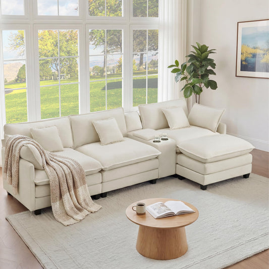 122" Oversized Modular Sectional Sofa with Storage Console,L-Shaped Cloud Couch with Movable Ottoman,Deep Seat,Thick Cushions, Multi Functional Console with USB & 2 Cup Holder,Sofa Set for Living Room
