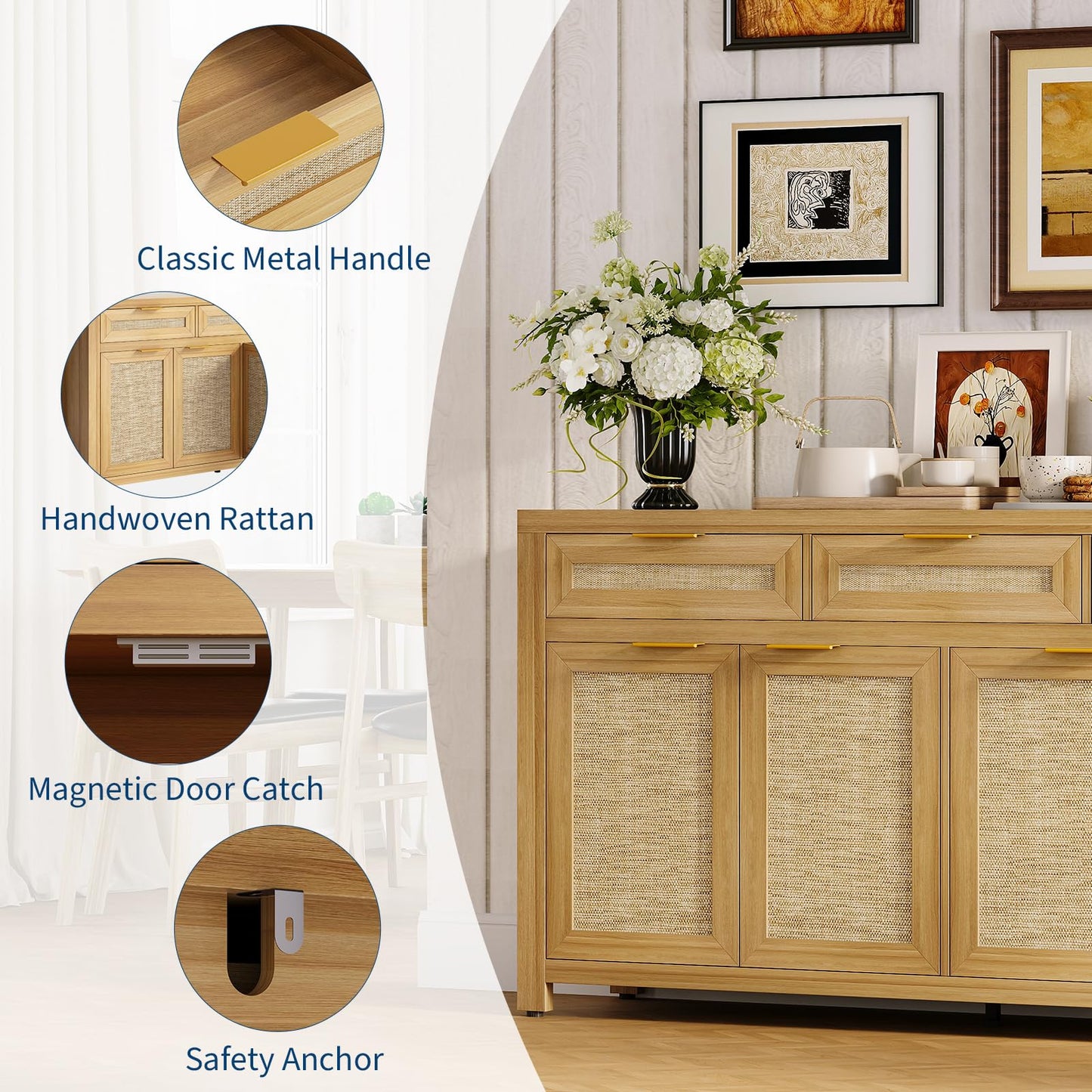 Garvee 63in Sideboard Buffet Cabinet with Storage, Rattan Farmhouse Credenza Coffee Bar Cabinet with 3 Drawers 4 Doors and Adjustable Shelves for Dining Room Kitchen