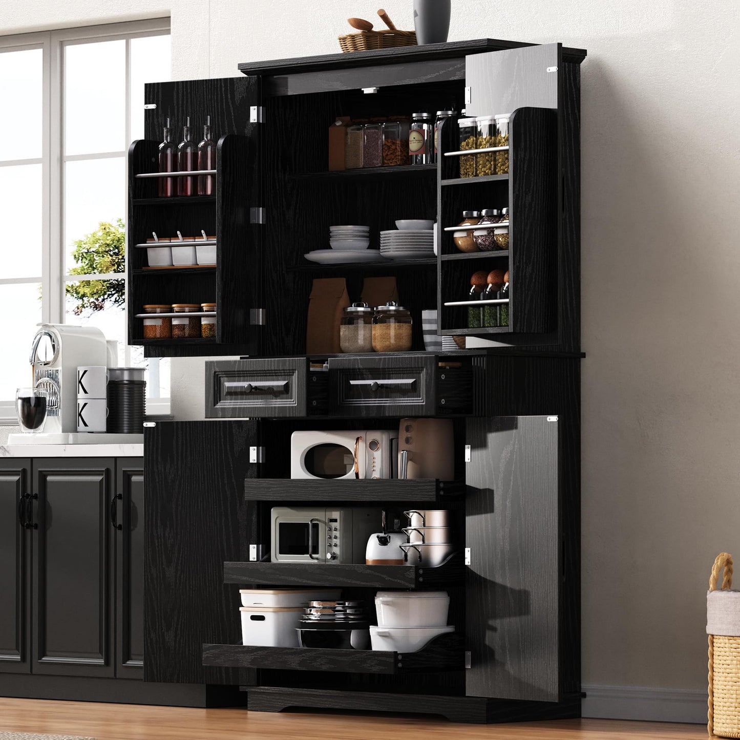 Trygoal 71" Tall Farmhouse Kitchen Pantry Cabinet Freestanding Food Storage Cabinet with Doors 3 Pull-Out Organizers 6 Door Shelves & 2 Drawers Embossed Texture Finish for Kitchen & Dining Room Black