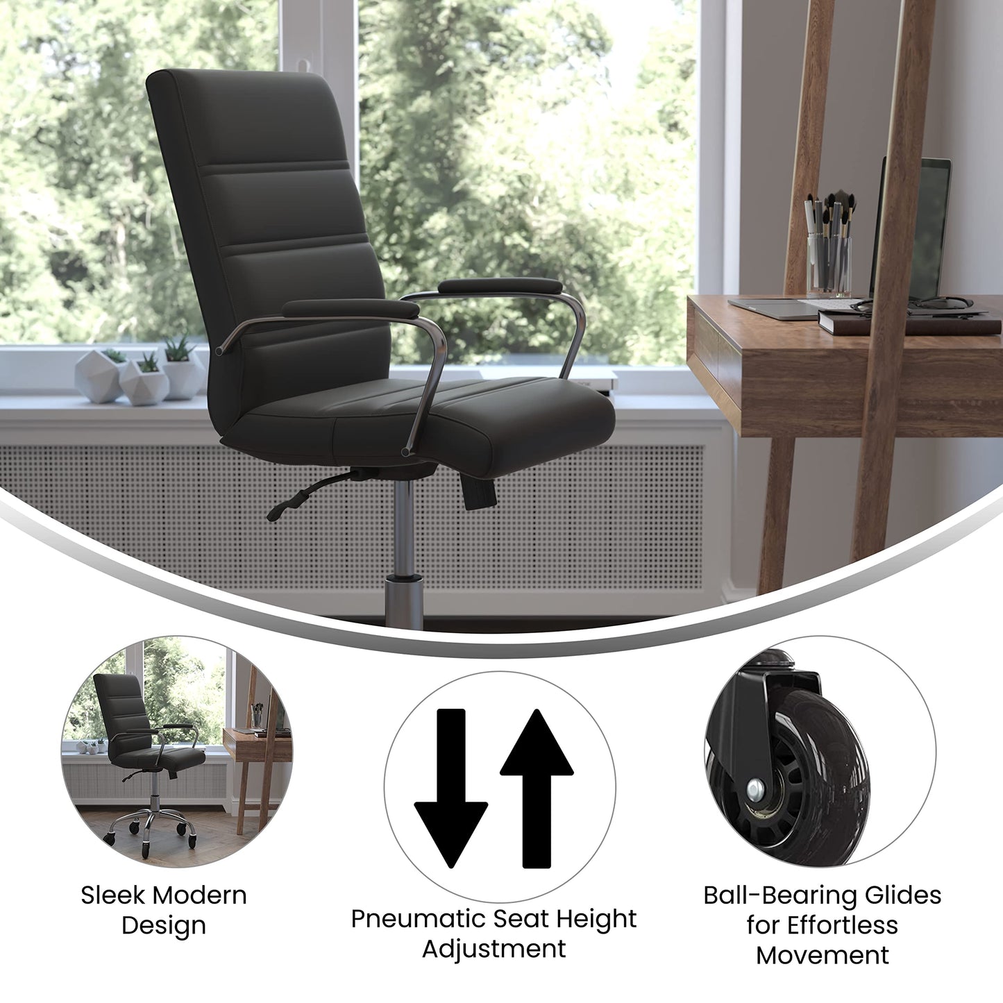 Flash Furniture Camilia Mid-Back Black LeatherSoft Executive Swivel Office Chair with Chrome Frame, Arms, and Transparent Roller Wheels