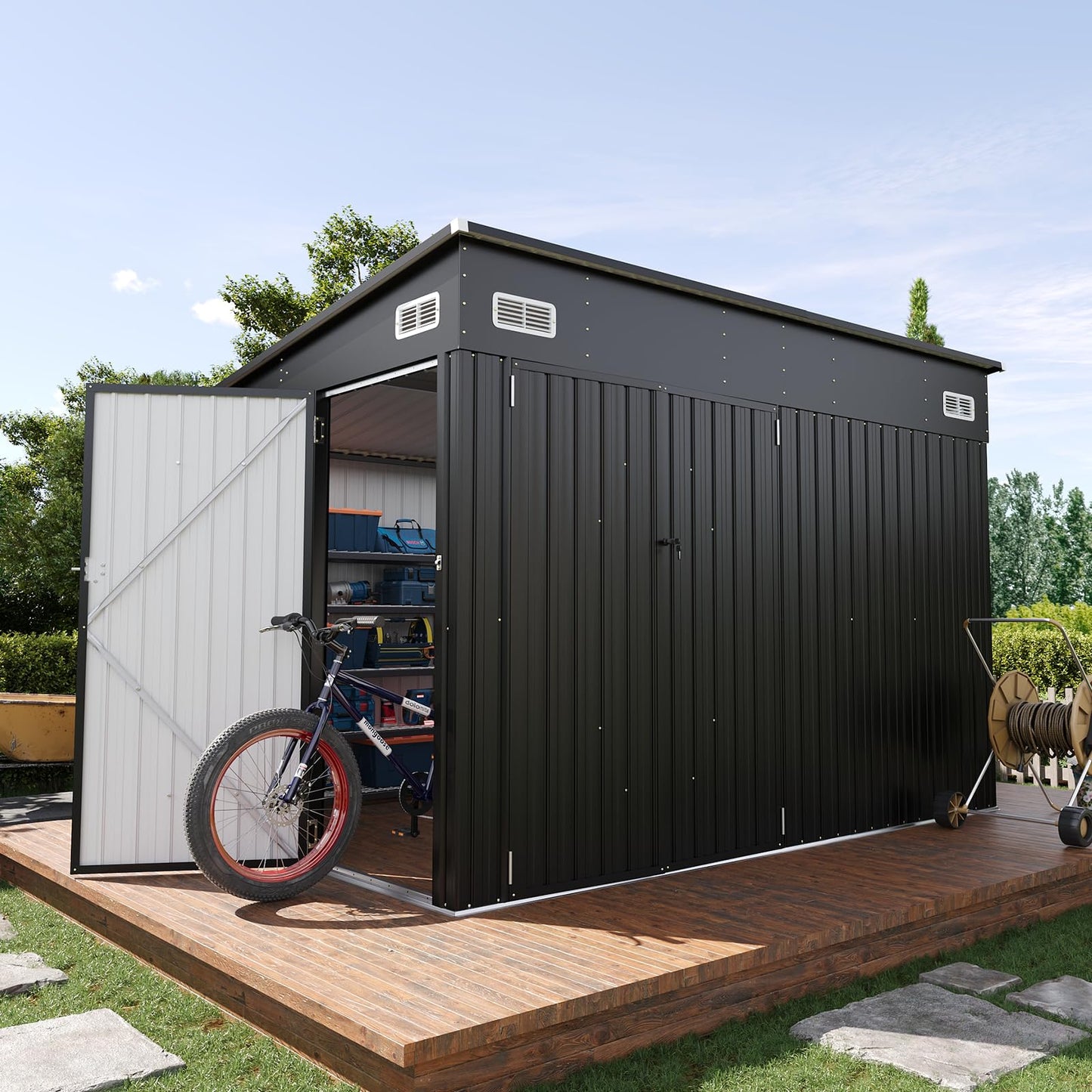 Breezestival Storage Shed 8'x10' Metal Outdoor Sheds with Triple Doors Utility Sheds for Vertical Storage, Dual Lock Lean to Shed Galvanized Steel with Sloped Roof for Mower,Bike,Garden Tools (Black)
