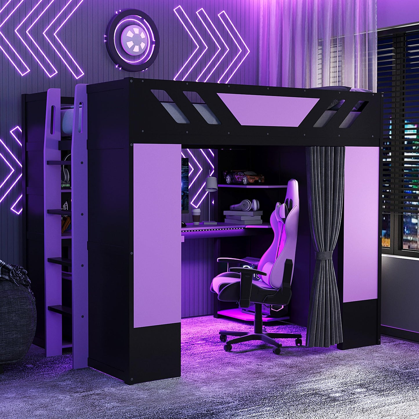 Merax Full Size Loft Bed with Desk and Storage Shelves, Gaming Loft Bed Frame with USB Charging Station and Curtains, Space Saving Loft Bed for Teens Bedroom, Purple + Black