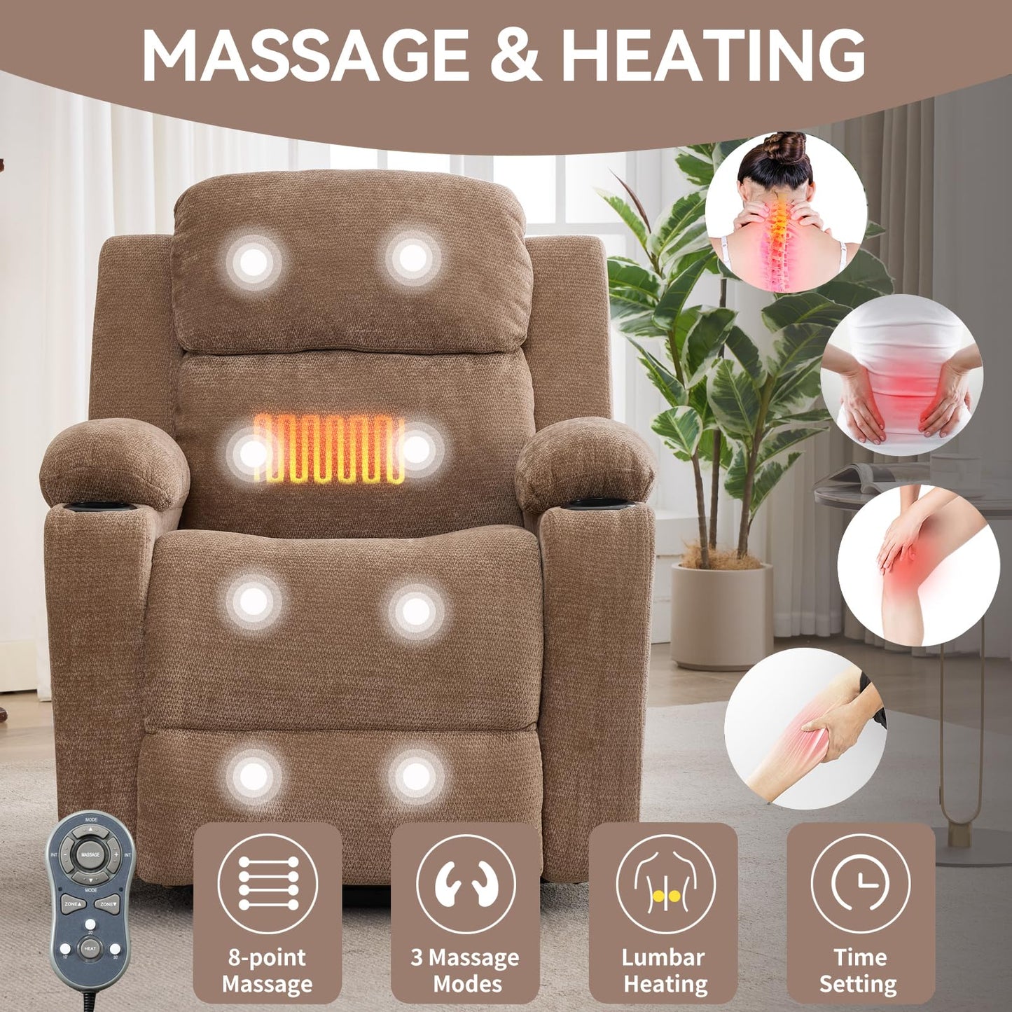 KEIKI Power Lift Recliner Chair for Seniors, Infinite Position Single Motor Lift Chair with Massage and Lumbar Heating, Upholstered Armchair Single Sofa with Cup Holders for Living Room, Brown