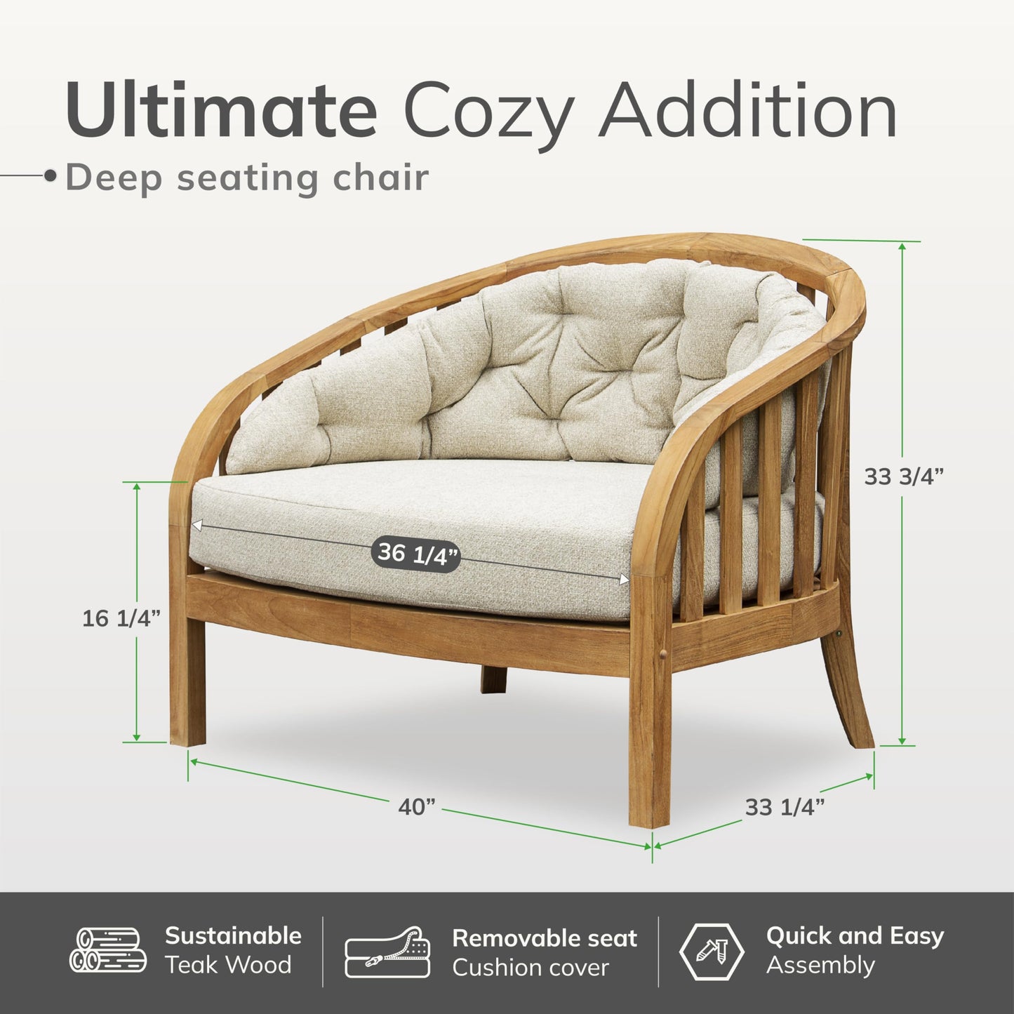 Cambridge Casual Bronte 3-Piece Teak Outdoor Lounge Set – 2 Oversized Lounge Chairs with Tufted Backrest Cushions & Teak Side Table with Honey-Core Wicker Shelf