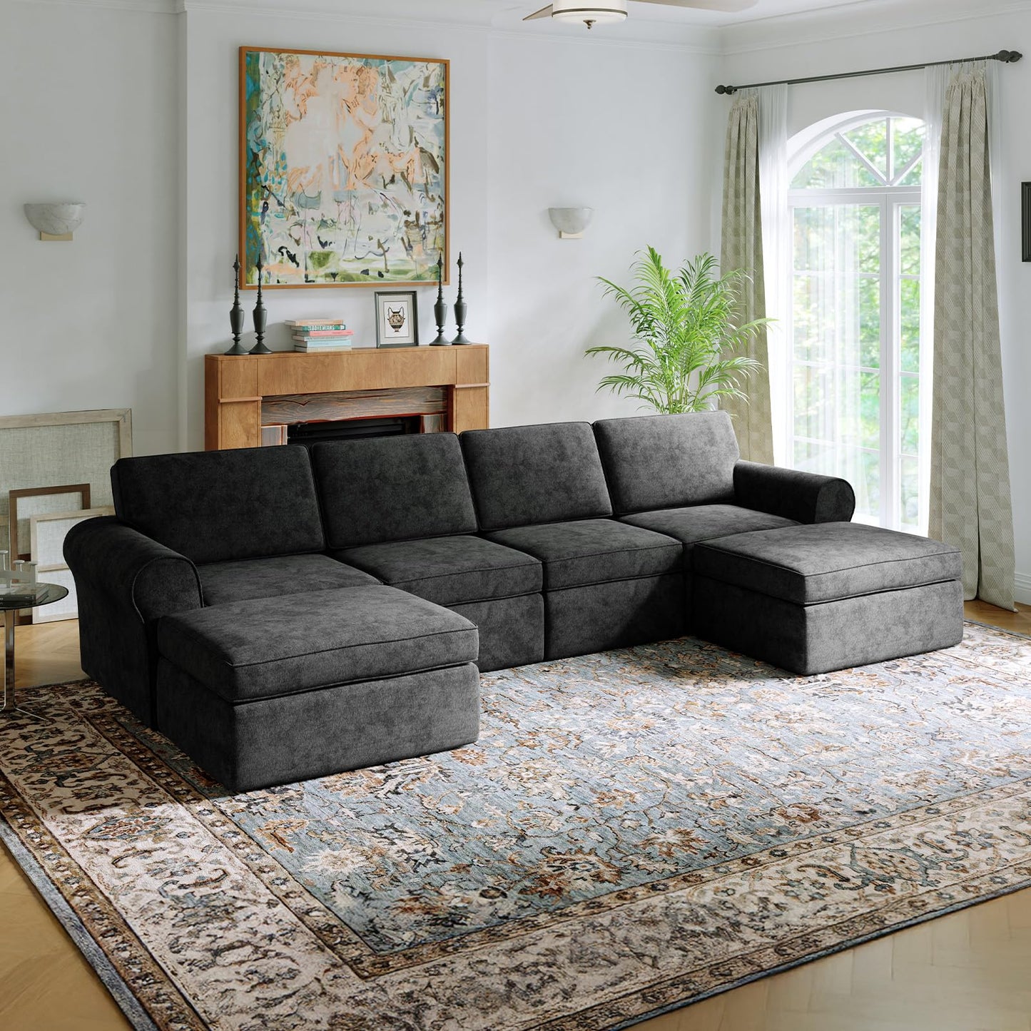 Novilla 138" Modular Sectional Sofa, Modular Sectional Couches for Living Room, Chenille Removable Cover Boneless Couch with Smarts Coil® Support U-Shaped Couch(Dark Grey, 4 Seater + 2 Ottoman)