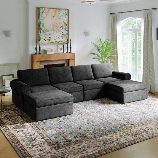 Novilla 138" Modular Sectional Sofa, Modular Sectional Couches for Living Room, Chenille Removable Cover Boneless Couch with Smarts Coil® Support U-Shaped Couch(Dark Grey, 4 Seater + 2 Ottoman)
