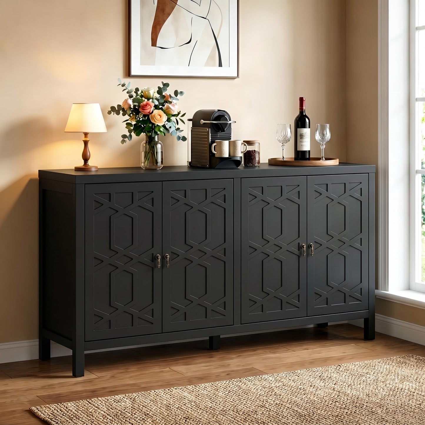 RoyalCraft Buffet Cabinet with Storage, 60" W Modern Coffee Bar Sideboard with 4 Doors & Adjustable Shelves, Painted Wooden Credenza for Dining Room, Kitchen, Living Room, Entryway, Black