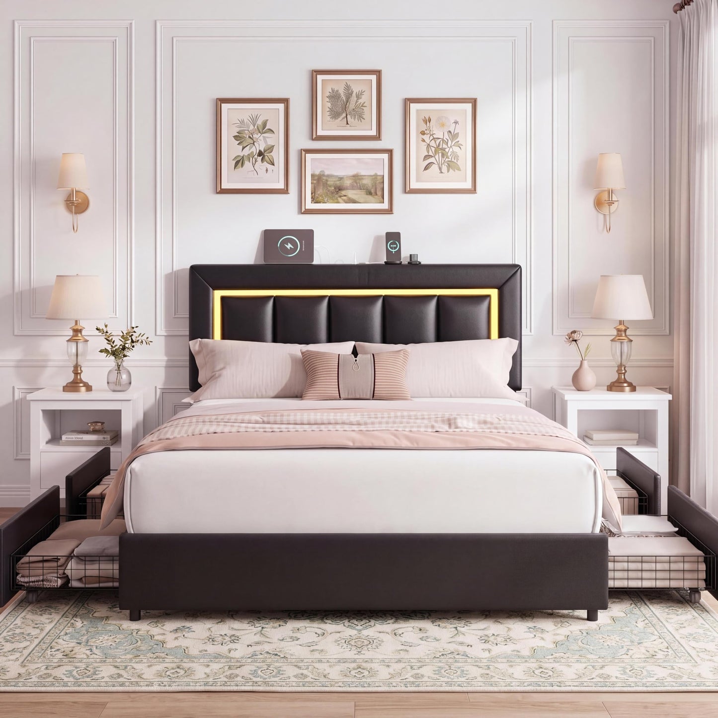 Garvee Full Size Storage Bed Frame with 4 Drawers, LED Lights, Charging Station, Adjustable Headboard, PU Leather Upholstered Platform Bed, Wooden Slats Support, No Box Spring Needed, Black
