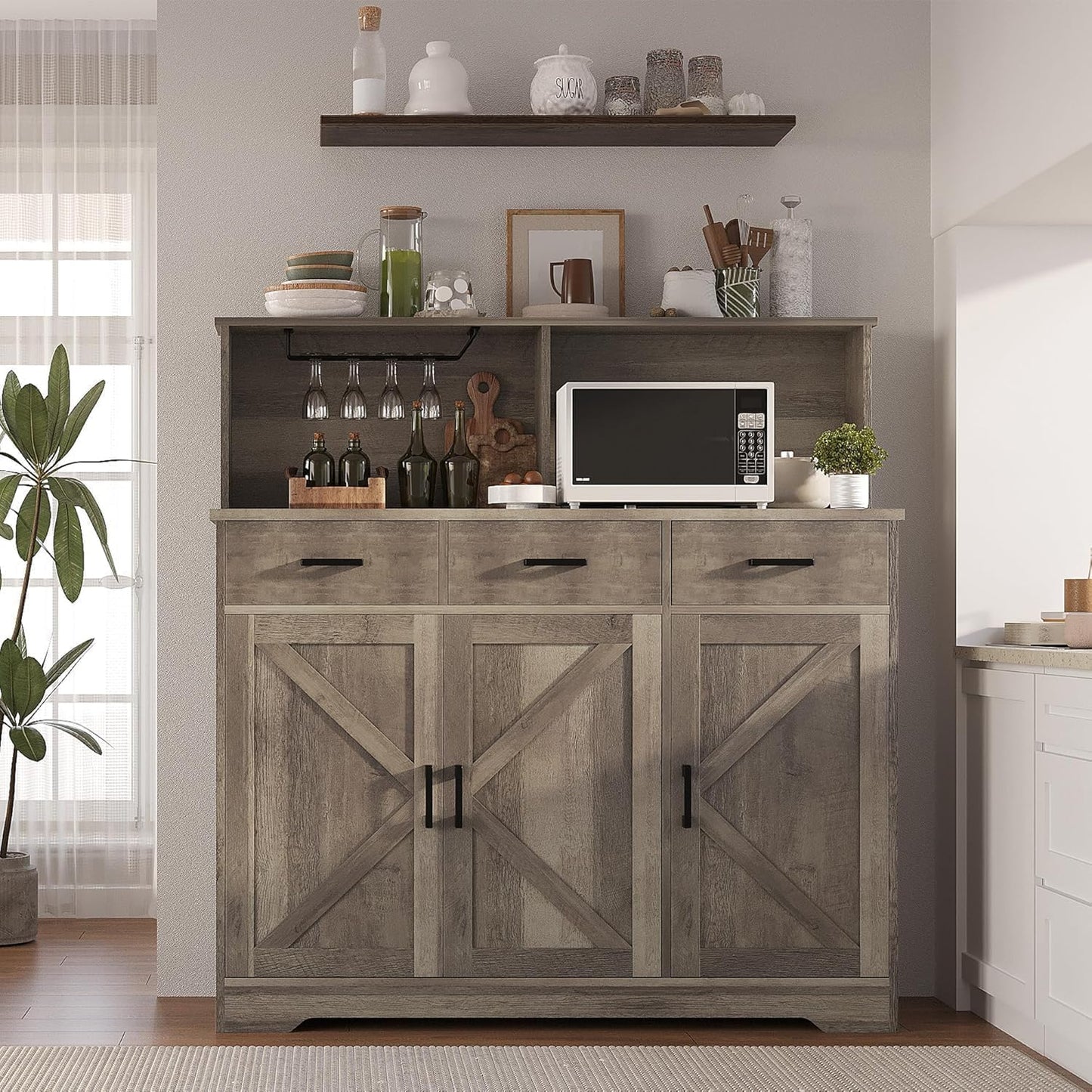 GarveeHome Farmhouse Sideboard Buffet with Microwave Stand, Barn Doors Buffet Storage Cabinet with Drawers and Shelves, Wood Coffee Bar Cabinet for Kitchen, Dining Room, Living Room, Grey
