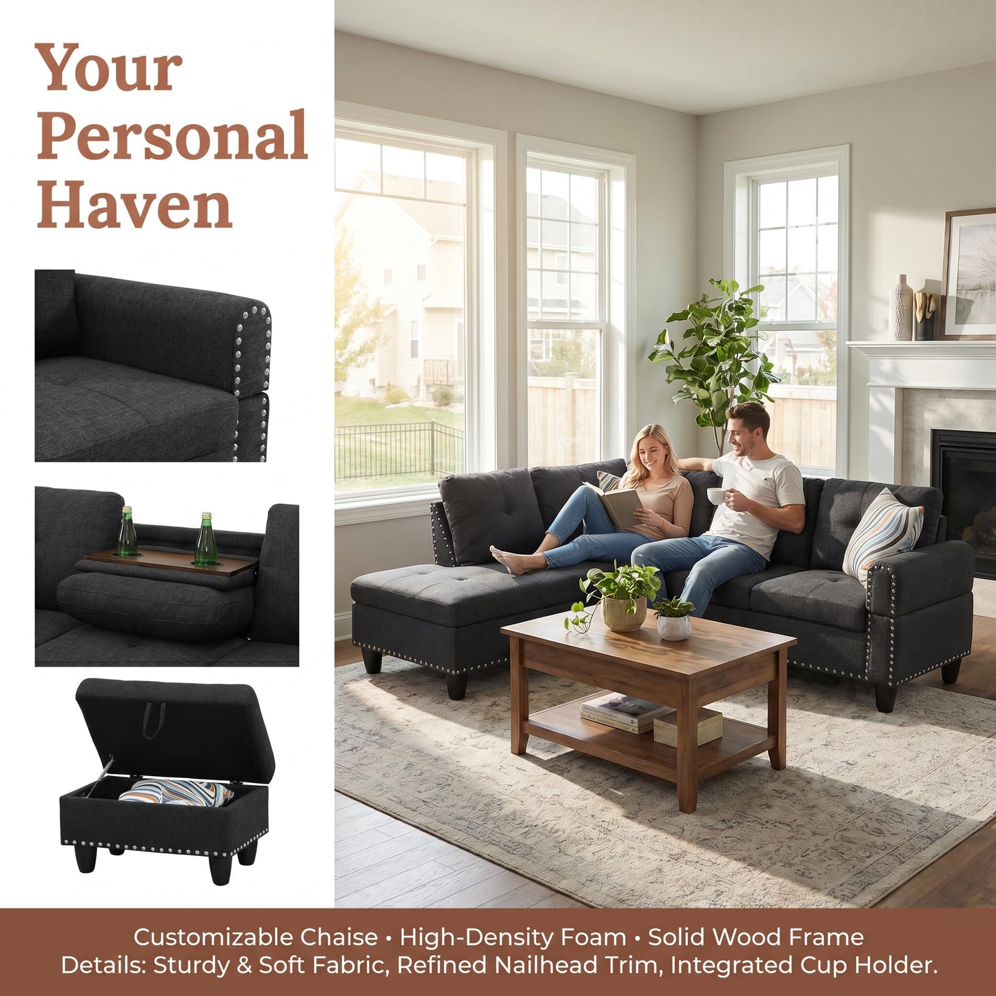 Trygoal 97.5" Linen L Shaped Couch with Left Chaise & Cup Holder, Sectional Sofas Modular Furniture Set with Storage Ottoman, Convertible Couches for Living Room, Small Space & Office (Black)
