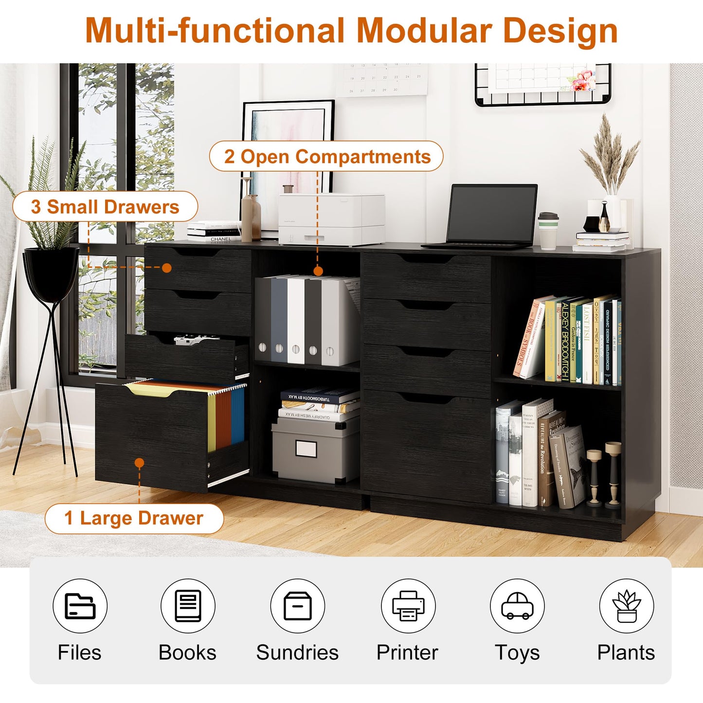 TQVAI 4 Drawer Filing Cabinet Organizer with 2 Open Shelves, Heavy Duty for Storing Letter A4 Size and Printer, Wood Lateral File Cabinets for Home Office, Hanging Files, Black, Easy Assembly