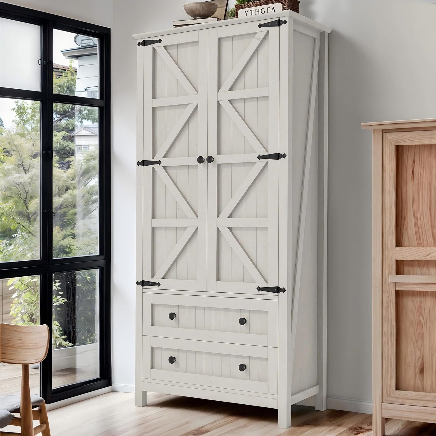 DWVO 64.5" H Kitchen Pantry Cabinet, Storage Cabinet with Barn Doors, 2 Drawers and Adjustable Shelves, Farmhouse Cupboard for Dining Room, Living Room, Bathroom, Off White