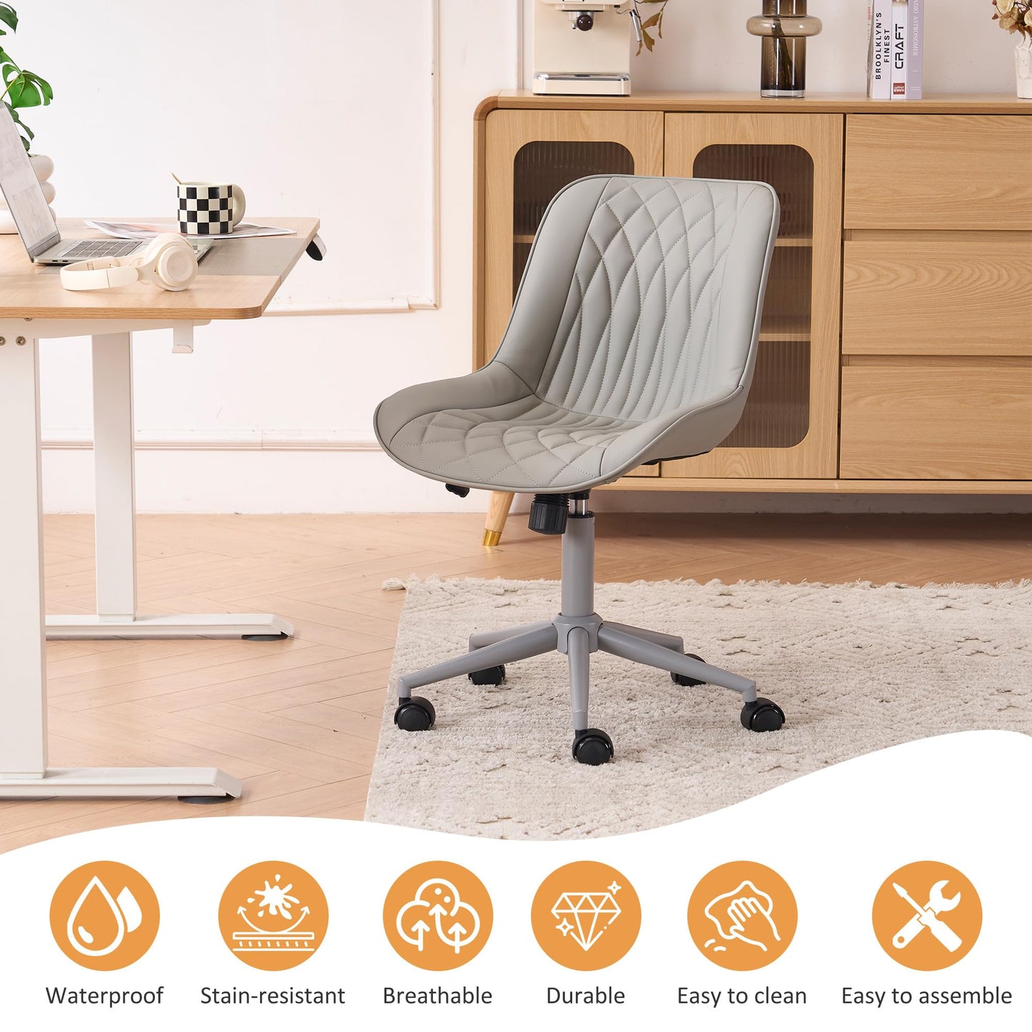 YOUNIKE Grey Faux Leather Ergonomic Office Chair Armless Comfy Desk Chair with Rocking Back Cute Swivel Vanity Chair with Wheels Height Adjustable Small Computer Task Chair for Sewing Drafting