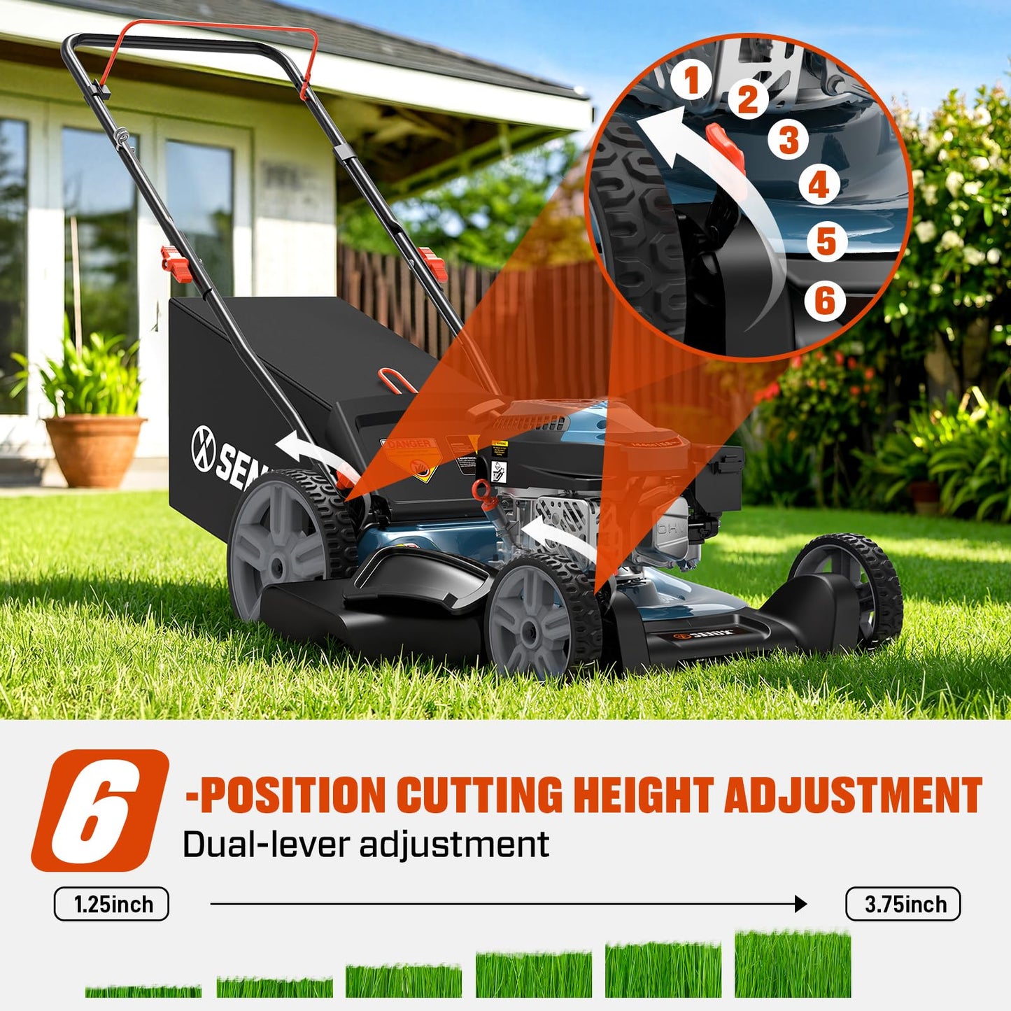 SENIX 21" Gas Lawn Mower 144cc, 3-in-1 Push Mower Mulch Bag Side Discharge