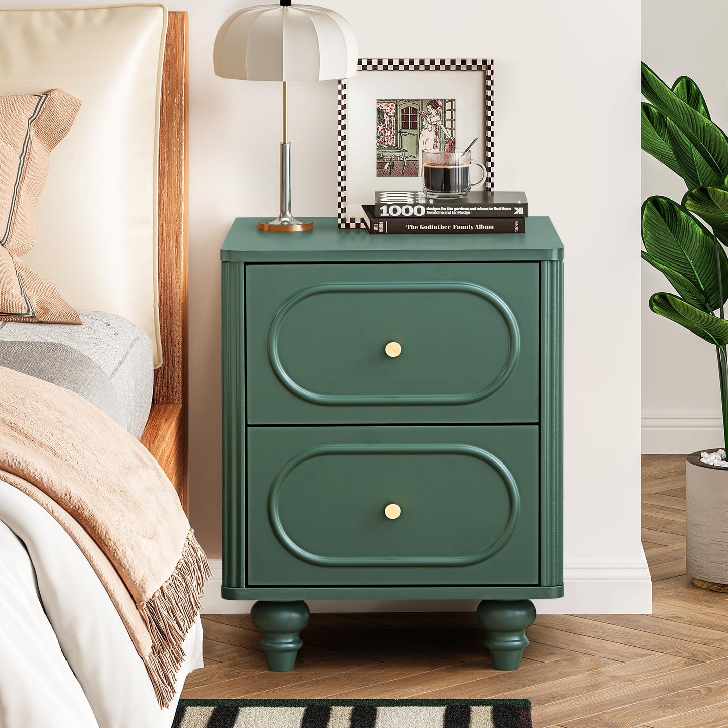 2 Drawer Fluted Nightstand Set of 2, Mid Century Modern Farmhouse Night Stand Small End Table Bedside Table for Bedroom, Green