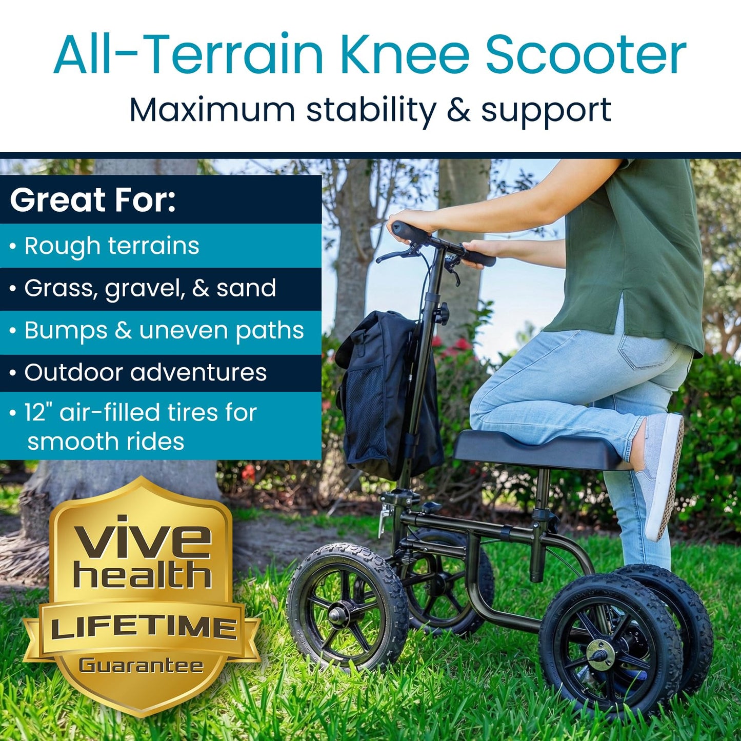 Vive Mobility All Terrain Knee Scooter Walker for Foot Injuries - Adult Broken Leg Crutch Cart Roller for Surgery, Broken Foot, Ankle Injury - Kneeling Rolling Steerable Seated Wheel Scooter Aid