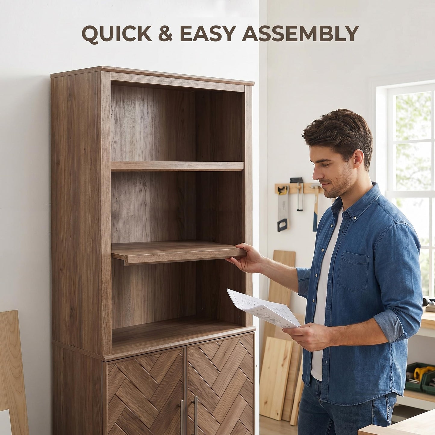 Lab Cosi 71.9" Tall Bookcase with Doors, Wood Bookshelf with Adjustable Shelves, Storage Bookcase Cabinet for Living Room, Bedroom, Home Office