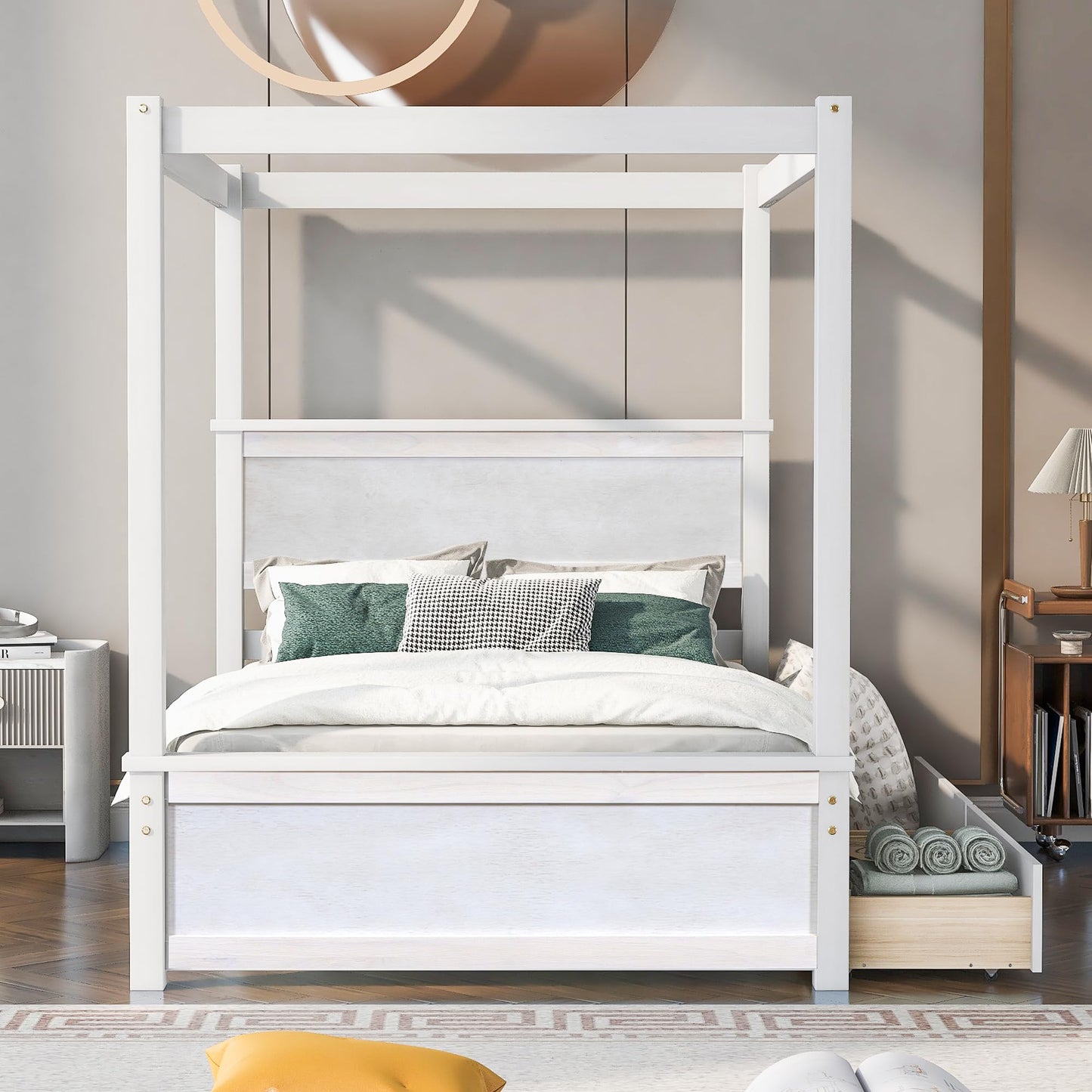 GDFStudio Full Size Canopy Bed Frame with 2 Storage Drawers, Solid Pine Wood Platform Bed Frame Full Size with Headboard Slat Support, Canopy Full Size Bed Frame, No Box Spring Needed, Brushed White