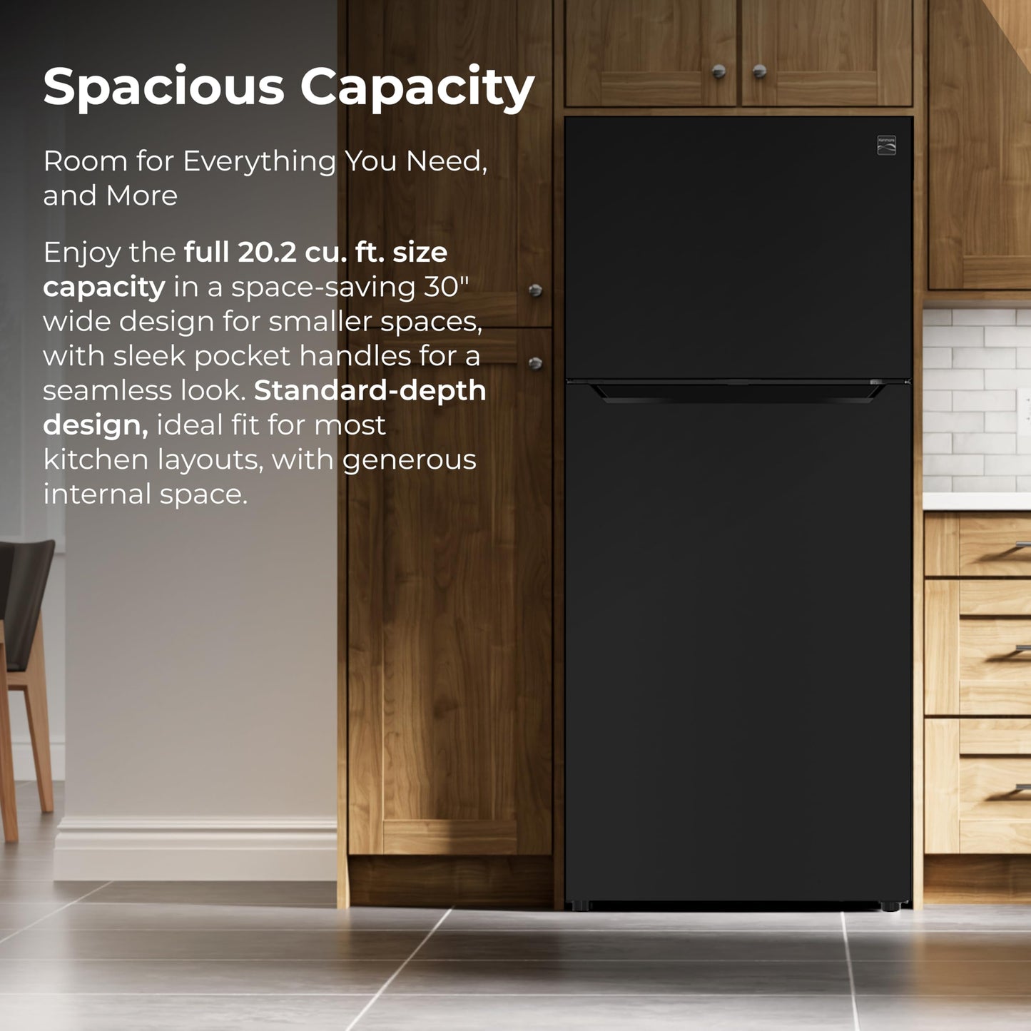 Kenmore 30" Top Mount Refrigerator with Freezer - Adjustable Shelving, Humidity-Controlled Crispers, LED Lighting, ENERGY STAR Certified, Garage Ready, 20.2 cu. ft. Capacity - Black