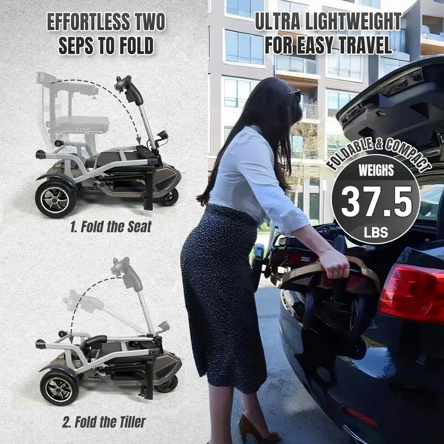 ZiiLIF R3b-Mobility Scooters for Seniors Adults Ultra Lightweight 37.5 Ibs Electric Folding 4 Wheel Mobility Scooter with Cup Holder, Compact & Convenient for Travel Airline Approved, Gray
