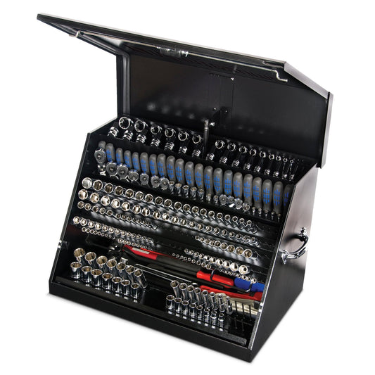 Montezuma – LA400B – 30-Inch Portable TRIANGLE Toolbox – Multi-Tier Design – 16-Gauge Construction – SAE and Metric Tool Chest – Weather-Resistant Toolbox – Lock and Latching System