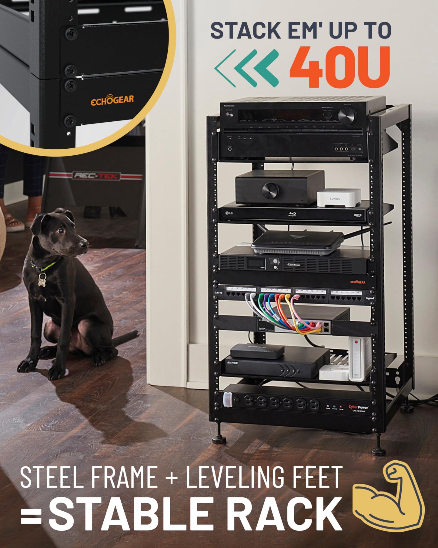 ECHOGEAR 20U Open Frame Rack w/Optimal Air Flow, DIY Assembly, 20.4” Depth