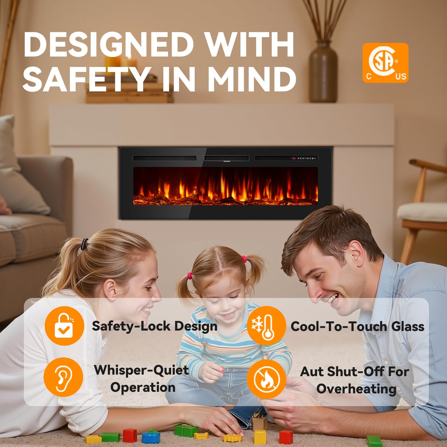 Tehanld 50" Ultra-Thin Electric Fireplace Heater, Recessed Wall Mounted