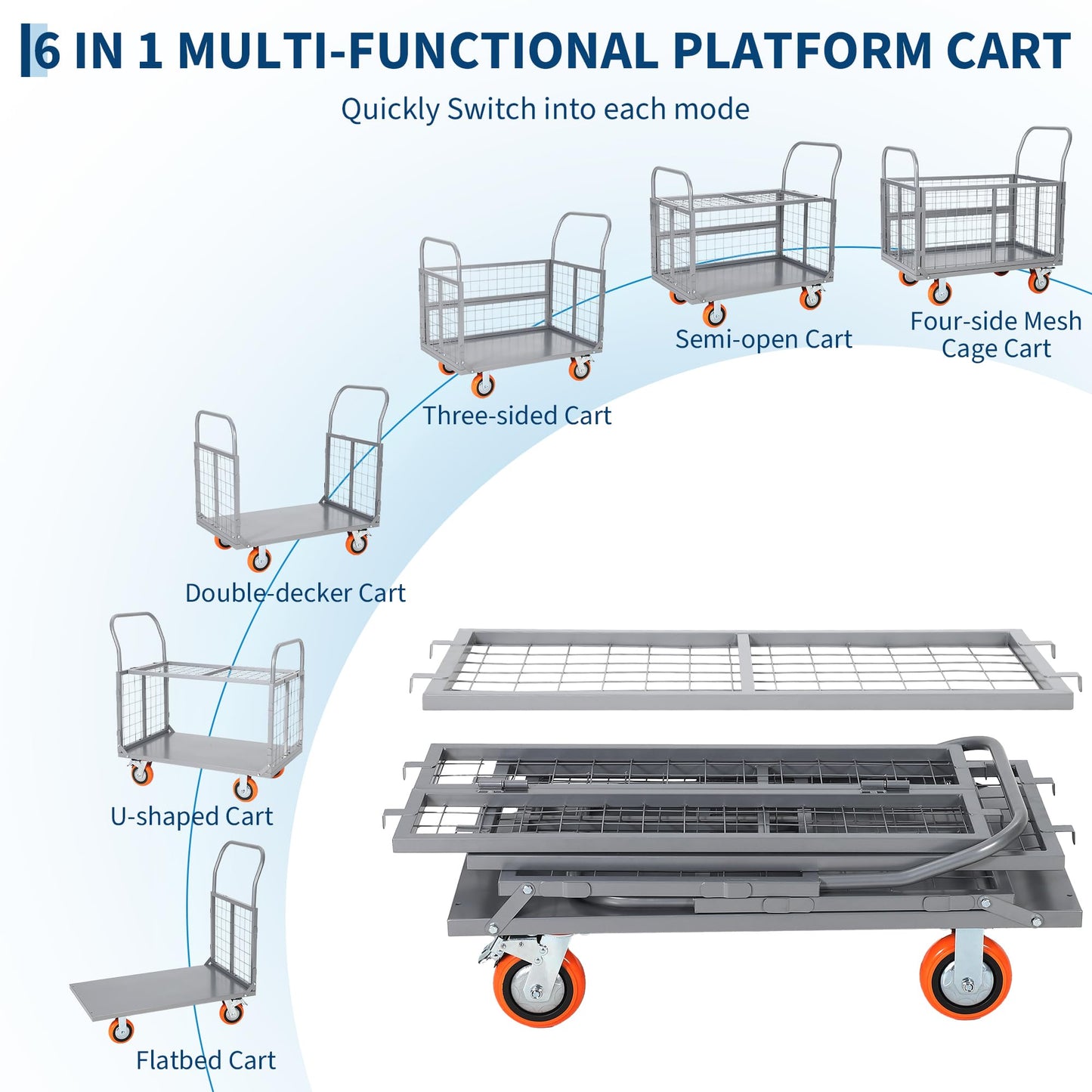 Platform Truck Cart with Cage, 6-in-1 Multi-Purpose Push Cart Dolly, Foldable Hand Truck Load 1800 LBS with 4 Wheels Flatbed Cart for Grocery, Laundry, Garage, Warehouse,Silver