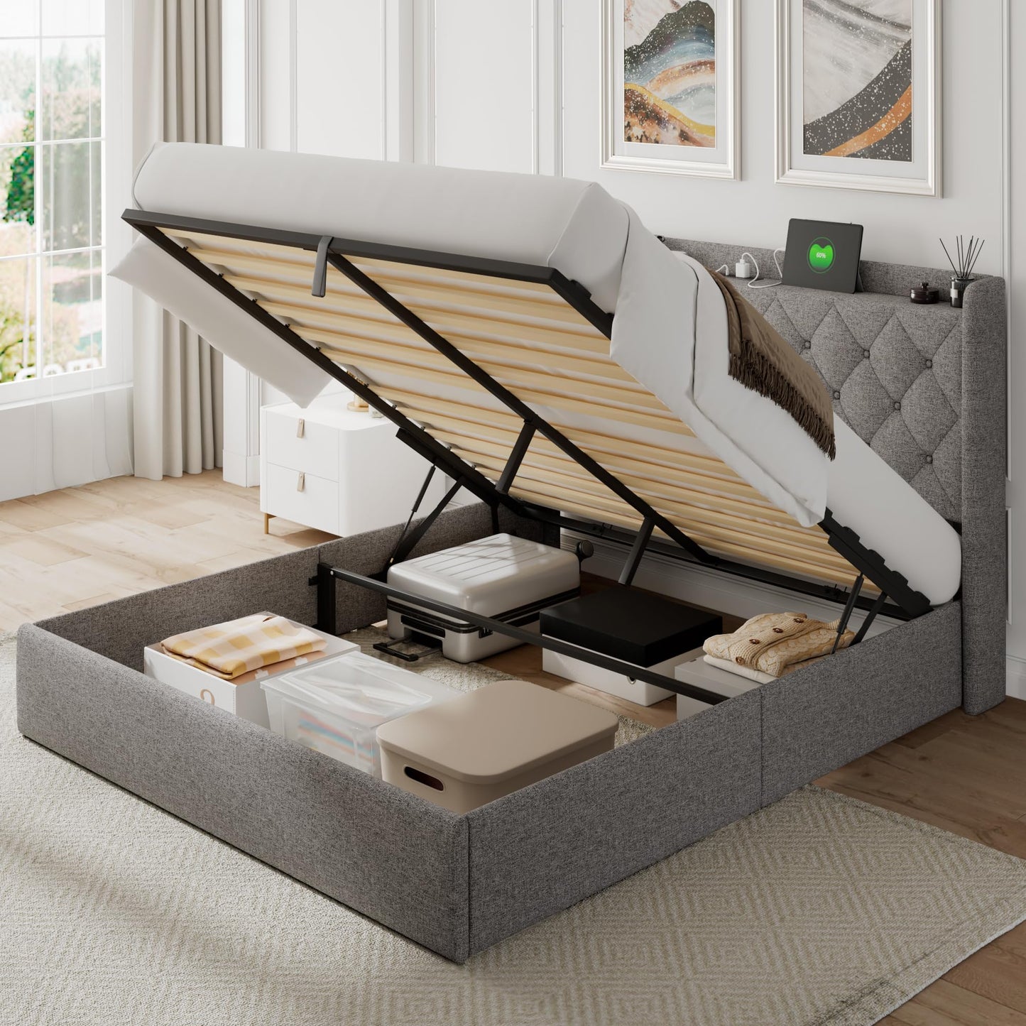 Feonase Queen Bed Frame with Storage & Charging Station - Hydraulic Lift Up Platform Bed, Upholstered Button Tufted Headboard, Sturdy Wooden Slats, Noise-Free, No Box Spring Needed,Light Gray