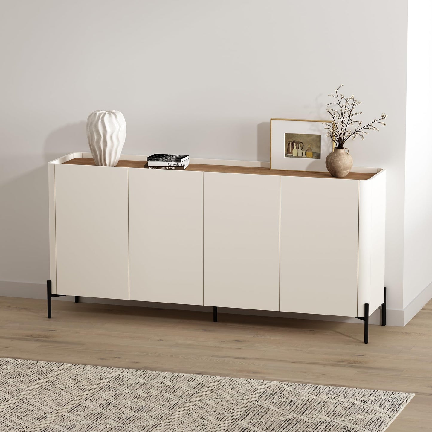 Manhattan Comfort Abbey 67" Sideboard Cabinet, Modern Console Table with Storage, Adjustable Shelves, Kitchen Buffet, Soft Close Doors, Handle-Free Design, Elevated Metal Legs, Maple and Off White