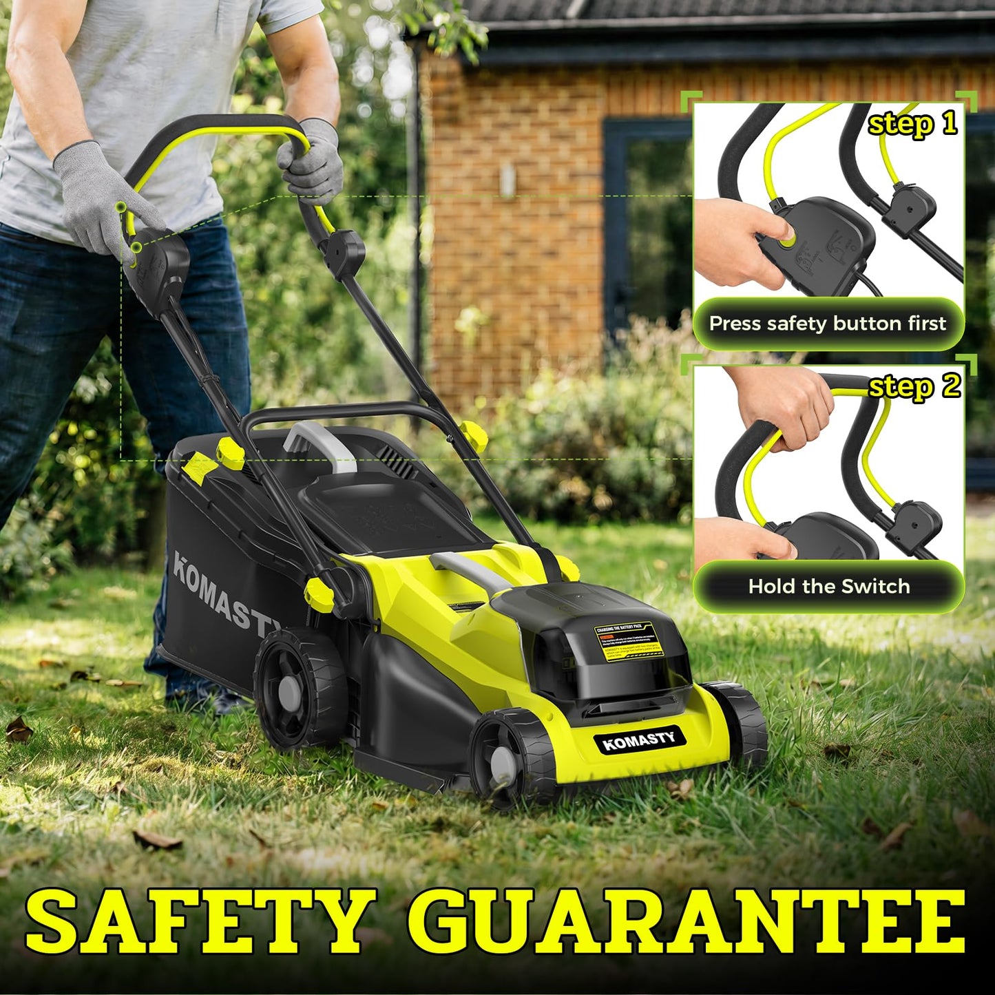 KOMASTY 40V Electric Lawn Mower 15" Cordless Battery Powered Mower, 2 in 1 Mulching Lawnmower with 5-Position Height Adjustment 10.6 Gallon Bag, Small Push Lawn Trimmer, 2X4.0Ah Battery and 2 Chargers