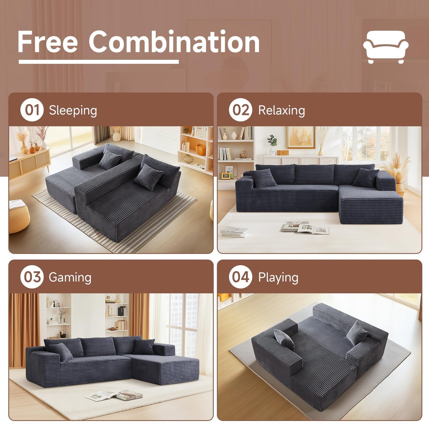 Trygoal 103” L Shaped Boneless Couch Cloud Modular Sectional Sofa, Memory Foam 3 Seater Couch with Oversized Chaise, Comfy Deep Seat Living Room Furniture Set, No Assembly, Dark Grey