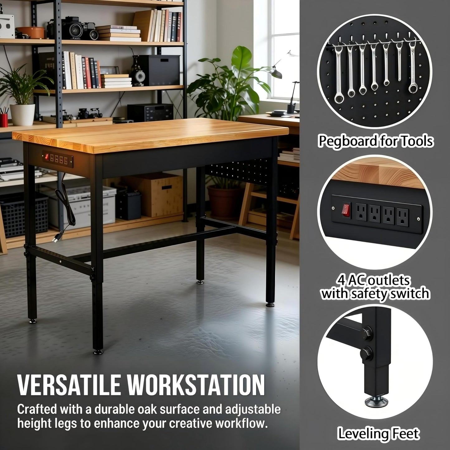KEIKI 60 Inch Heavy-Duty Adjustable Work Bench for Garage Workshop, Power Outlets Shop Table with USB Ports, 2500 Lbs Capacity Hardwood Top, 6 Level Height Adjustable Metal Frame with Wheels, Black