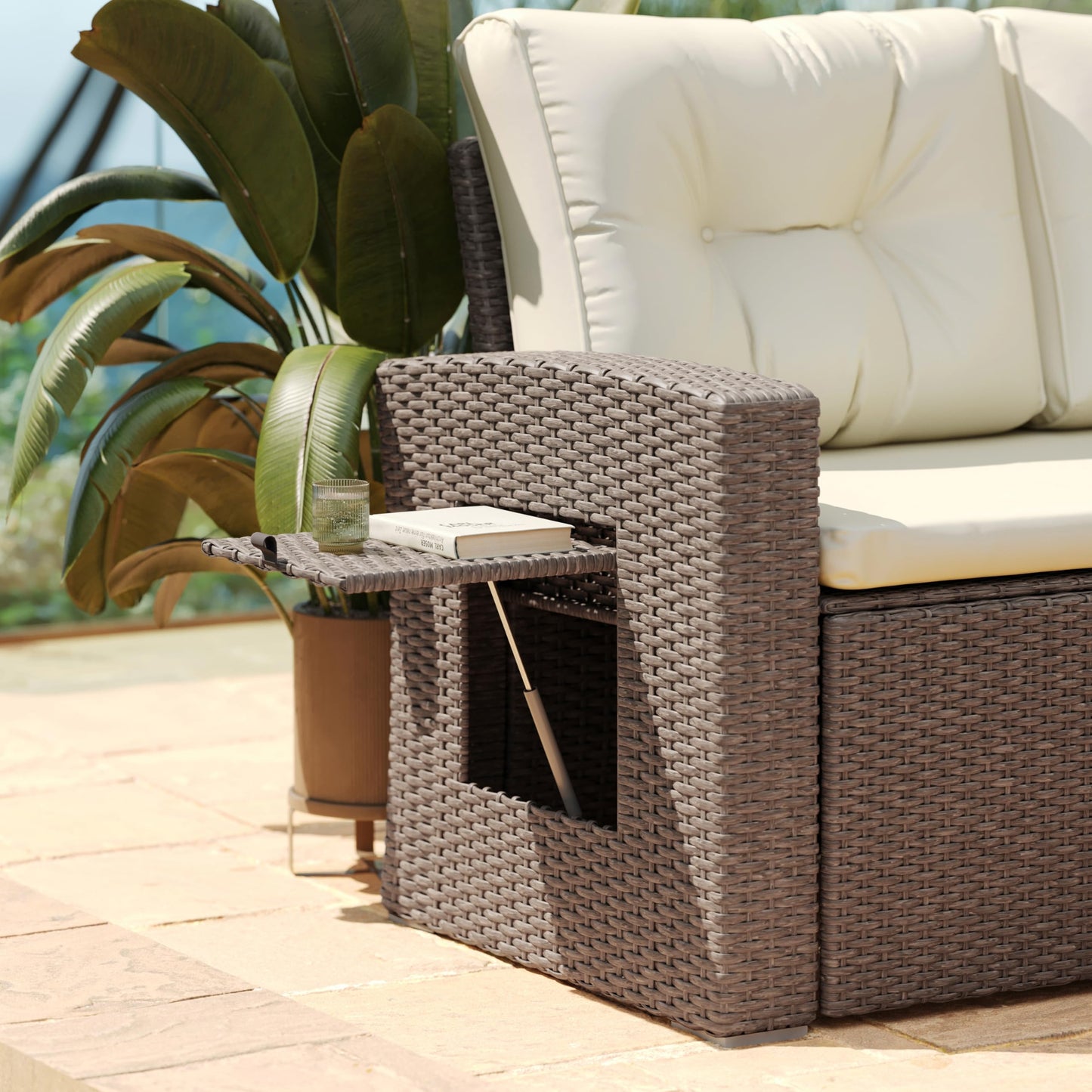 Flash Furniture Huck Wicker Rattan Conversation Set, Versatile Indoor/Outdoor Use, L-Shaped Sofa and Dining Table, Weather-Resistant Cushions, Beige/Brown