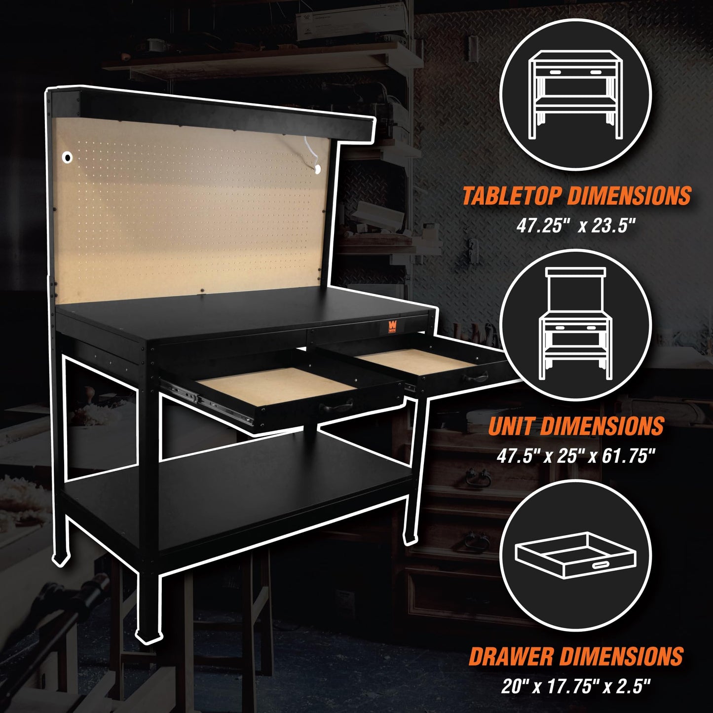 WEN WB4723T 48-Inch Workbench with Power Outlets and Light, Black