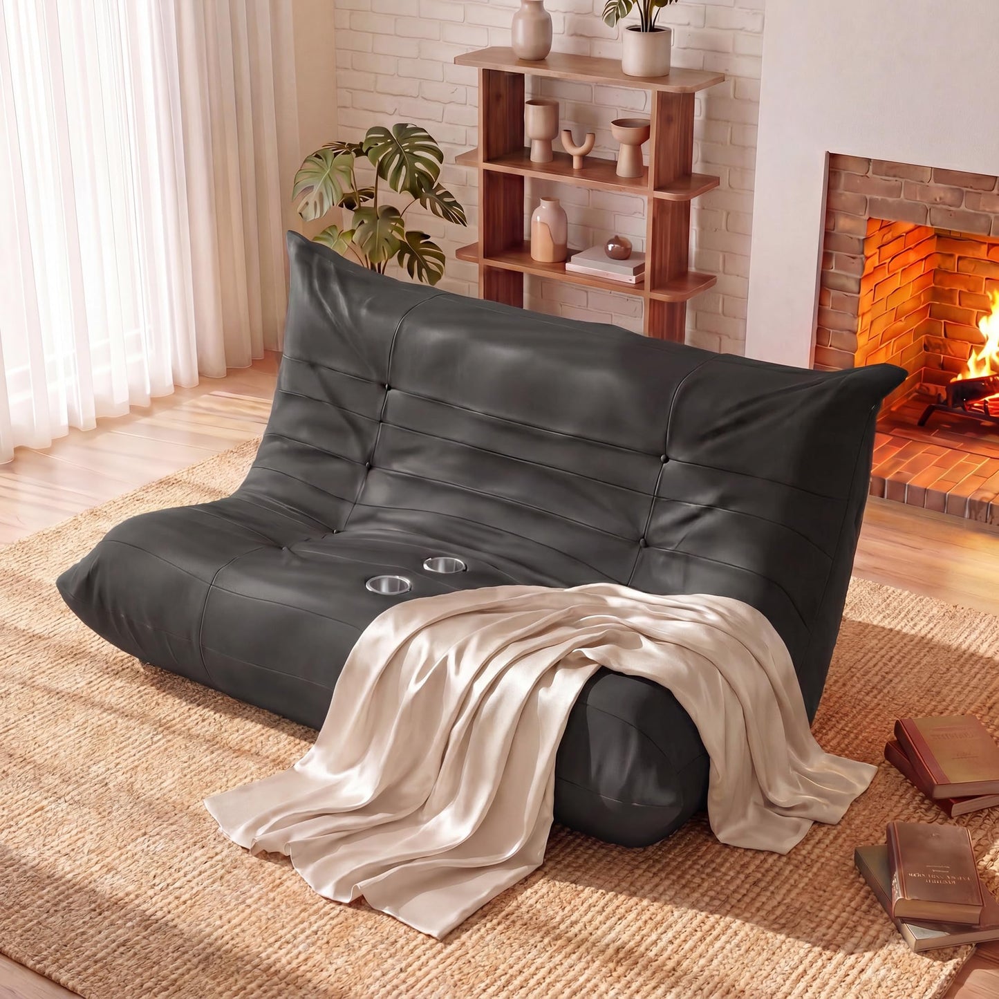YESHOMY Boneless Loveseat Couch, Oversized Ergonomic Floor Sofa Couch, Durable PU Leather Sofa with Cup Holders, No Assembly Fireside Couches for Living Room, Bedroom (Black)
