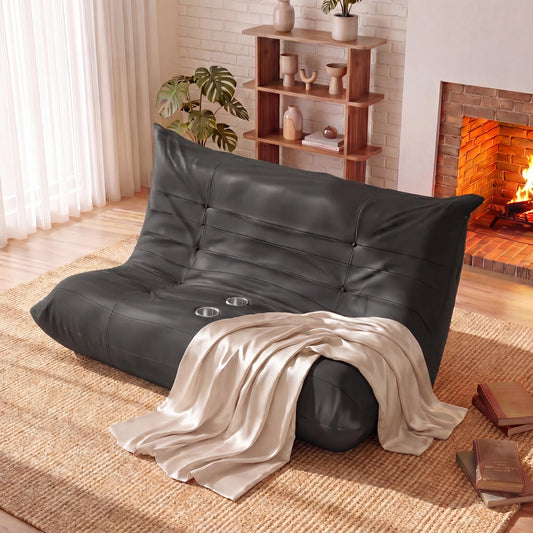 YESHOMY Boneless Loveseat Couch, Oversized Ergonomic Floor Sofa Couch, Durable PU Leather Sofa with Cup Holders, No Assembly Fireside Couches for Living Room, Bedroom (Black)
