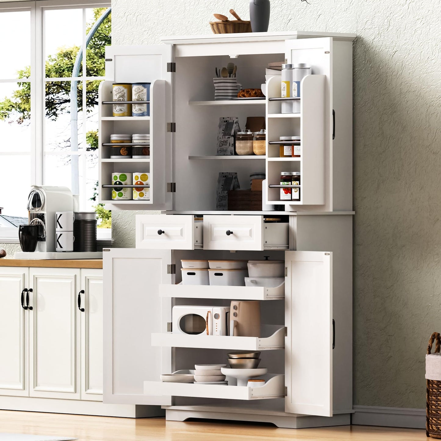 Merax 71" Tall Kitchen Pantry, Farmhouse Storage Cabinet with 6 Door Shelves, 2 Drawers and 3 Adjustable Shelves, Freestanding Rustic Wood Cupboard for Kitchen, Dining Room, White