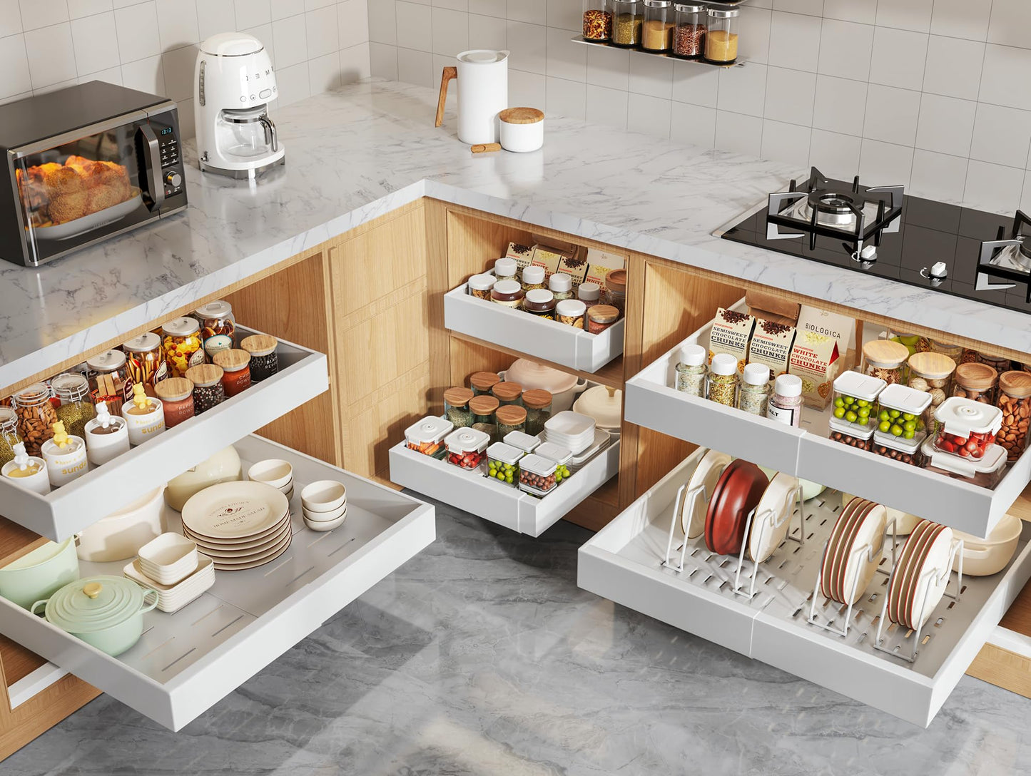 Seinloes 6 Pack Pull Out Cabinet Organizers 21" Deep With Raising Pad for Framed Cabinets, Expandable Slide Out Drawers with 4pcs Divider Racks, Roll Out Shelves, Adjustable Width 12"-20.45" White